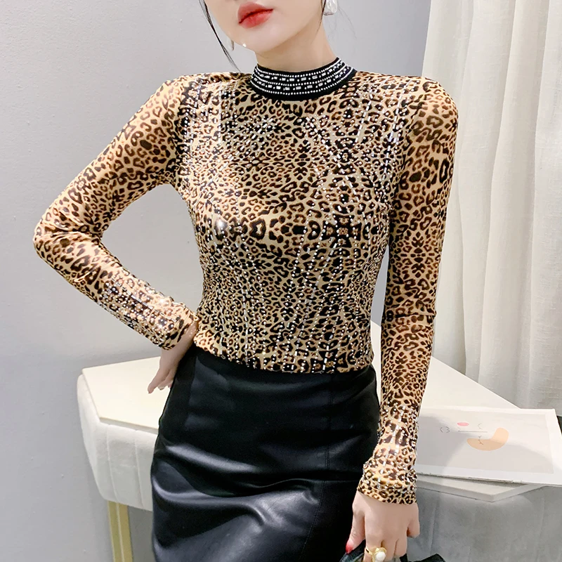 2024 European Station Long Sleeve Women Tees Autumn Winter New Stand collar Hot Diamond T Shirt Fashion Slim Mesh Tops