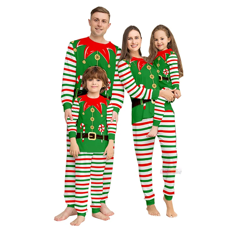 2024 Christmas Family Matching Outfits Pajamas Sets Green Stripe Print Adult Dad Mother Daughter Sleepwear Baby Boy Girl Clothes