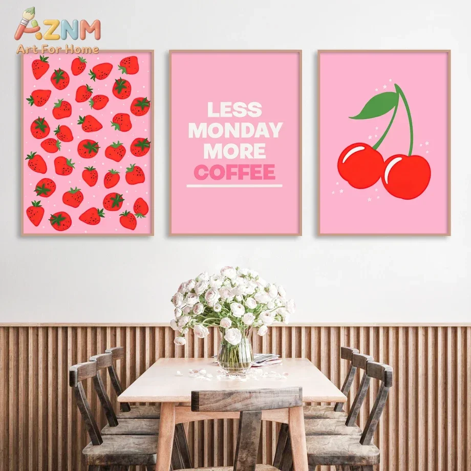 AZNM Cute Pink Strawberry Cherry Wall Art Canvas Print Unframed Less Monday More Coffee Quote Poster For Kitchen Dining Room Cof