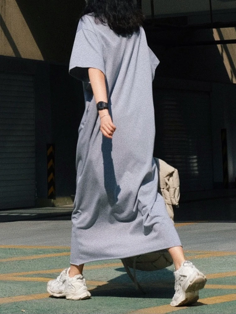 [EAM] Women Gray Brief Big Size Pocket Long T-shirt Dress New Round Neck Short Sleeve Fashion Tide Spring Summer 2024 1DH6473