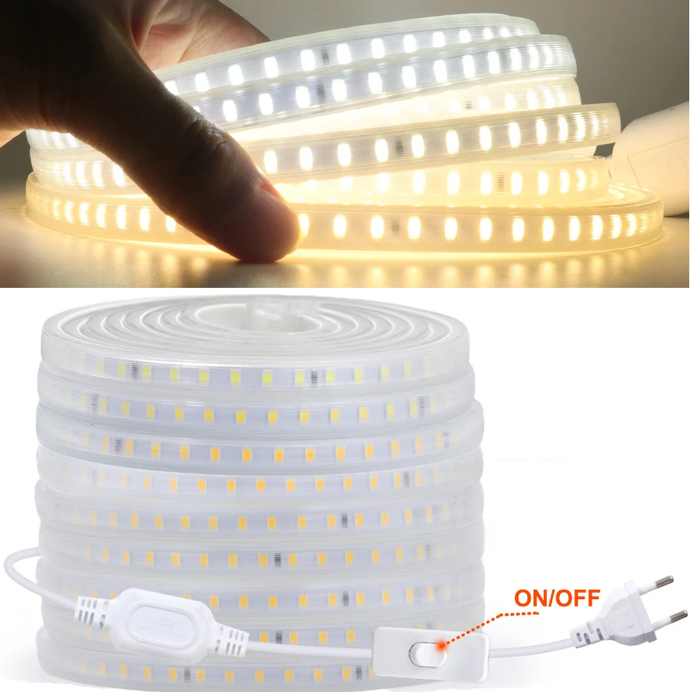 

AC 220V LED Strip Light 2835 Waterproof LED Strip High Brightness 120LEDs/m Flexible Kitchen Outdoor Garden LED Tape With Switch