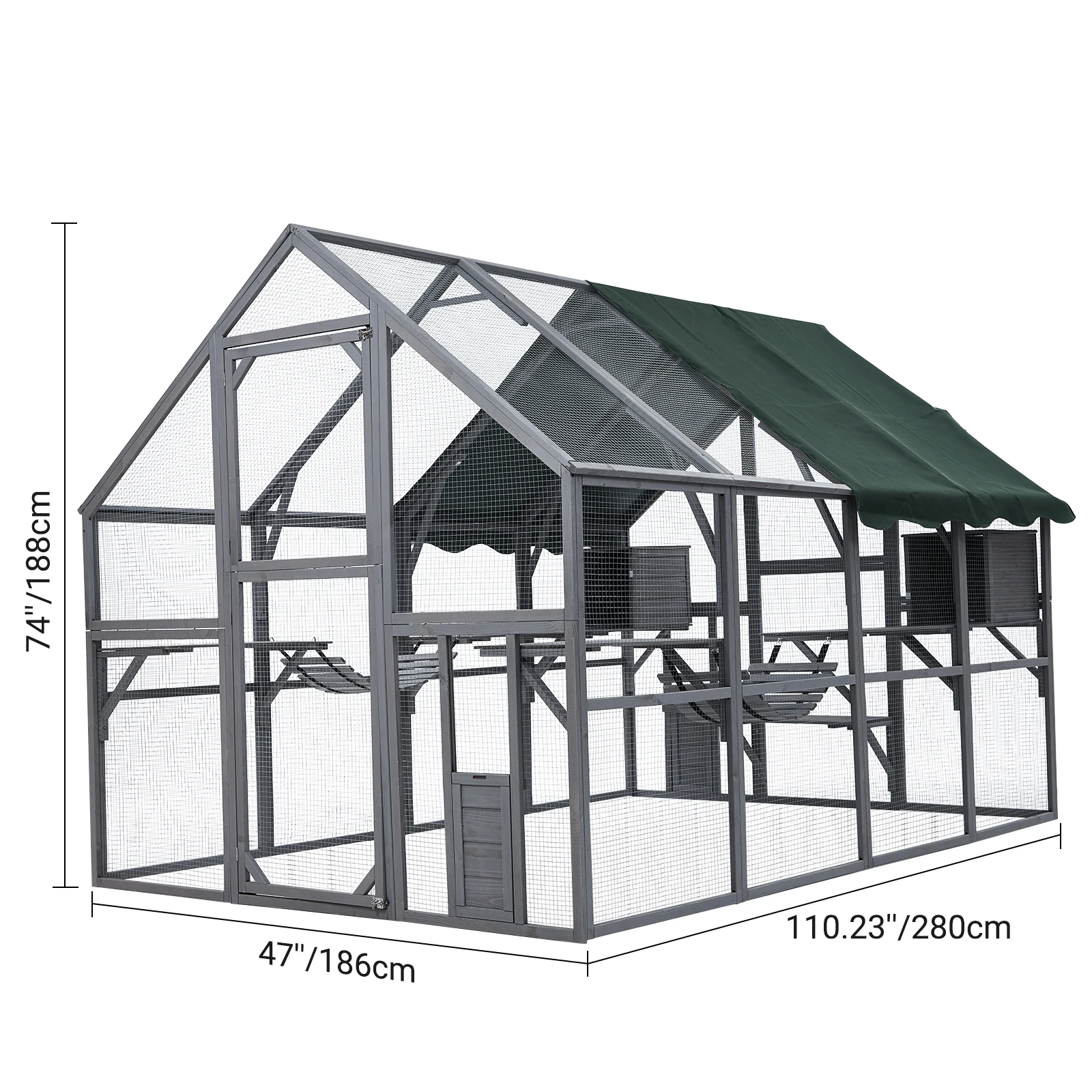 Large 110'' L Catio Enclosure with 2 Lockable Cat Doors and a Walk-in Door, Extra Large Pet Enclosure for 57 Ft² Space, Multiple Rest Boxes, Ramps, Platforms for Cats and Small Animals Use