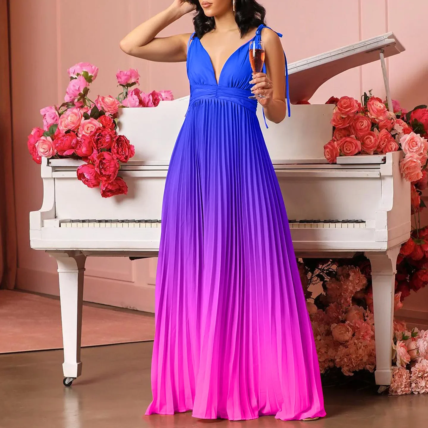 Women Dress Sexy Long Dresses Pleated Gradient Party Maxi Sling Sleeveless Prom V Neck High Waist Elegant Splice Gown Vestidos