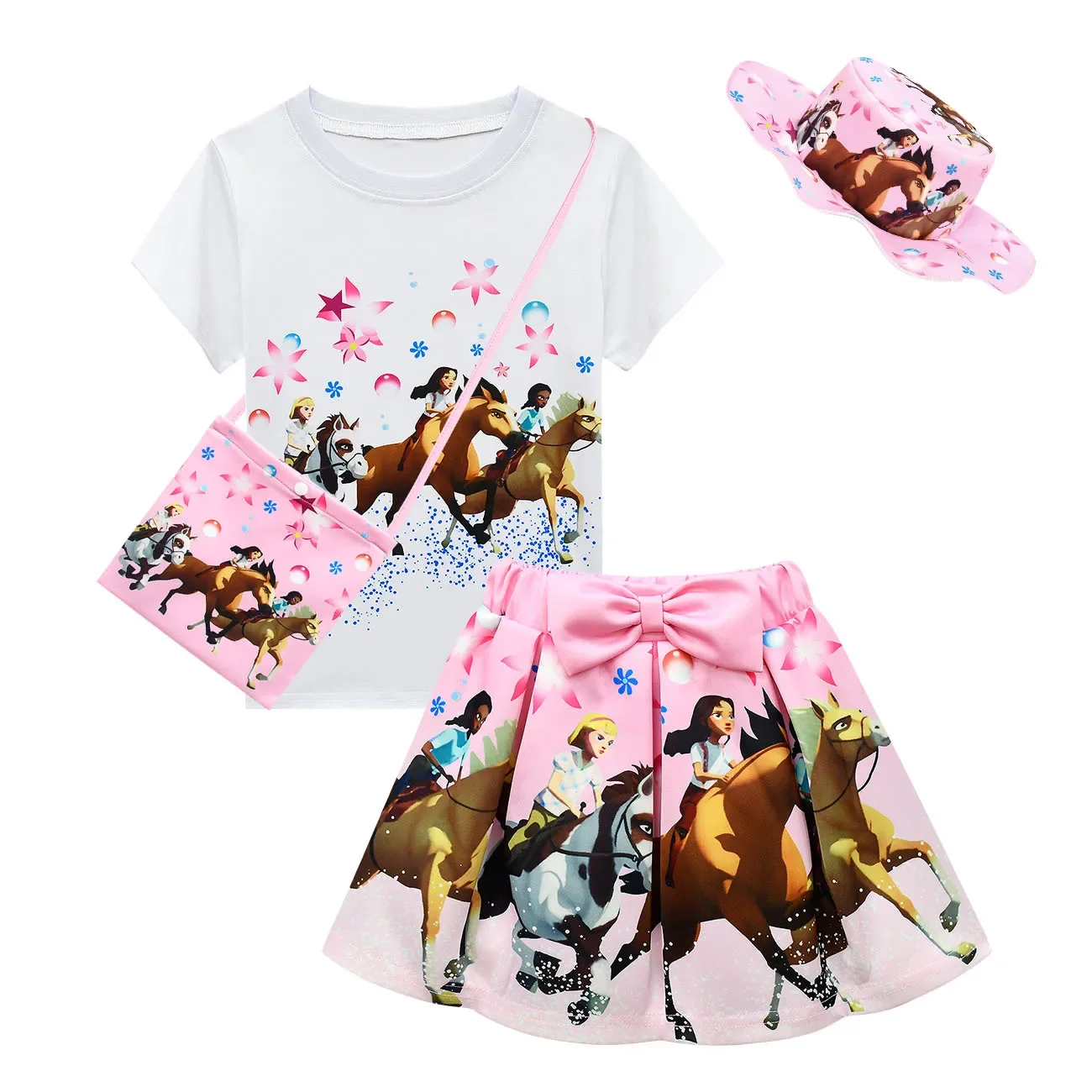 Summer Kids Girls Spirit Riding abiti gratuiti Anime Cosplay Costume T-shirt e gonne borsa cappello 4 pezzi abbigliamento per bambini per bambini