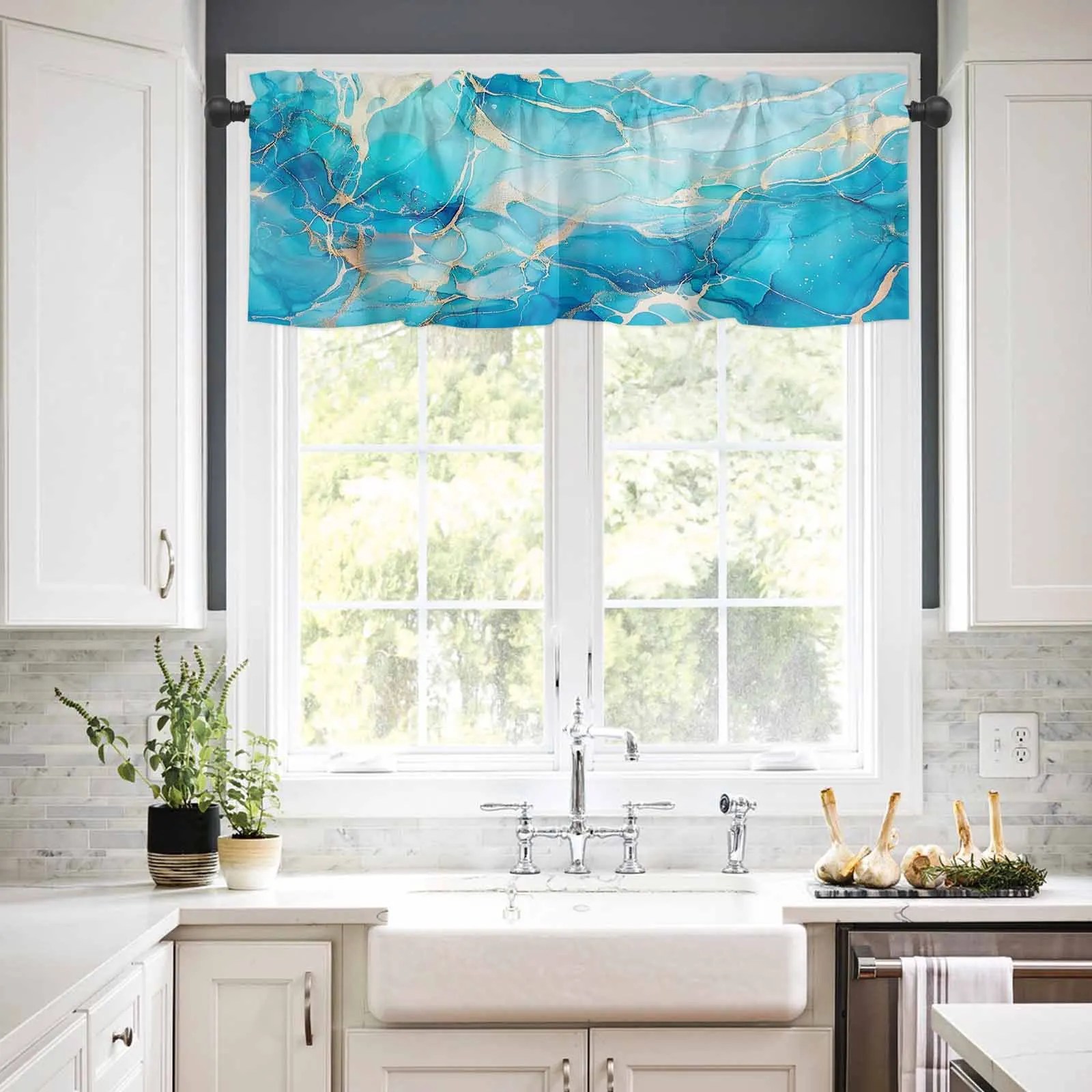 

1PCS Kitchen Short Curtain Valance Watercolor Blue Theme Marble Texture Rod Pocket Window Home Decoration