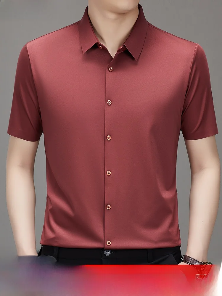 

Мужская летняя модная городская рубашка свободного кроя из шелка с коротким рукавом, не мнущаяся, не требующая глажки, с полным рукавом, бесшовная