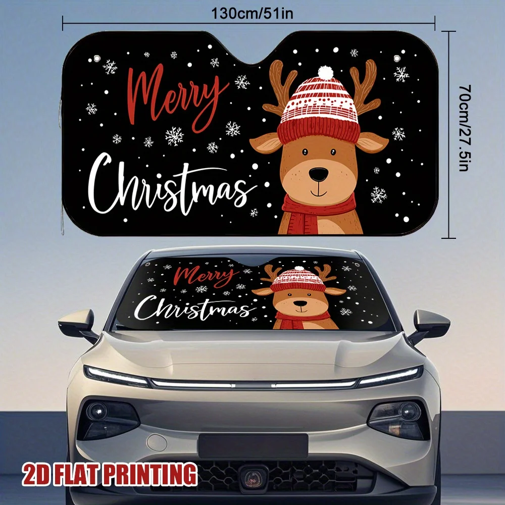 1pc Festive Reindeer Joy Car Sun Visor - Merry Christmas Design With Santa Hat & Scarf, 2D Flat Printing, Heat-Resistant, Ideal