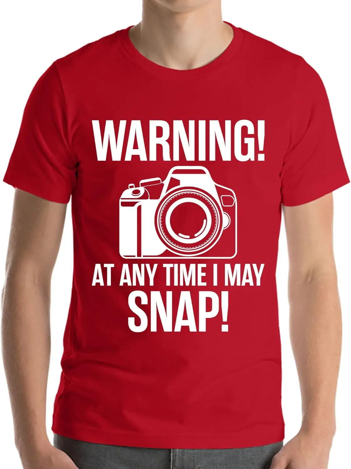 تحذير في أي وقت يمكنني المفاجئة كاميرا التصوير الفوتوغرافي مضحك مصور تي شيرت الرجال النساء الصيف اليومية Crewneck القطن قصير الأكمام