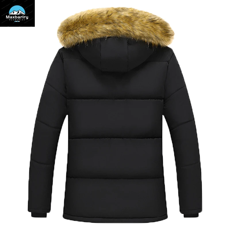 Новая повседневная мужская зимняя парка на флисовой подкладке, толстая теплая куртка с капюшоном и меховым воротником, Мужская плюшевая куртка, Мужская Верхняя одежда черного цвета, размер 5XL