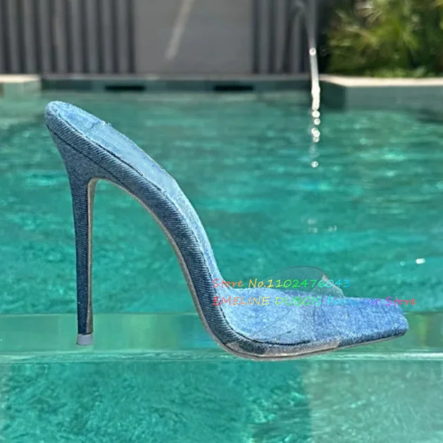 Pastel Leather Transparent Pvc Mules Glitter Square Toe Thin High Heel Summer New Sexy Elegant Clear Slippers for Ladies