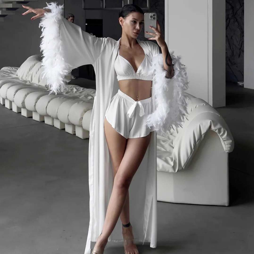2026 New Women's Lounge Wear Set Autumn Winter Three Piece Pajamas Set Long Feather Nightgown Suspenders Shorts 3 Pieces Cozy