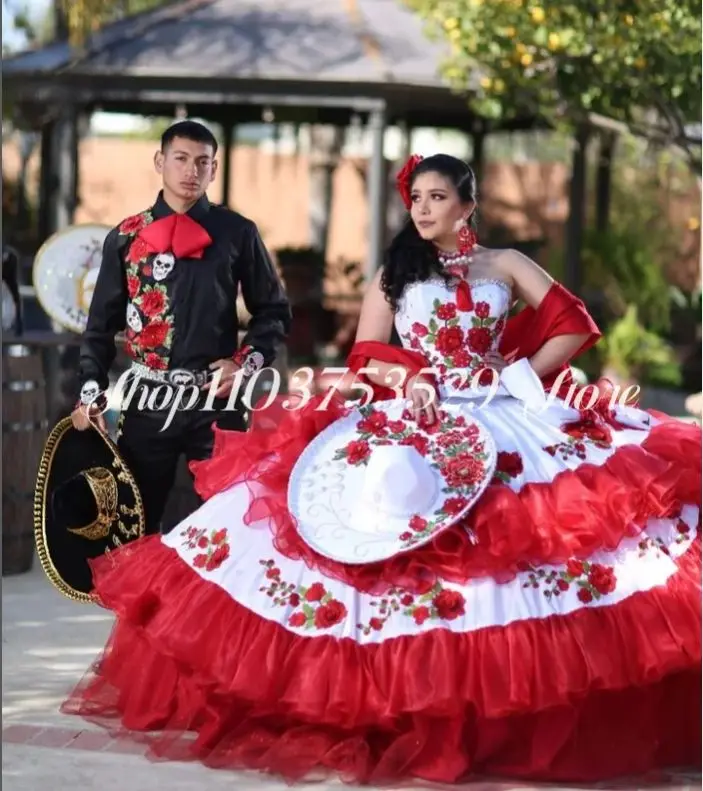 Red White Ball Gowns Quinceanera Dresses Princess Delicate Floral Embroidered Sweetheart Corset Mexican Charro Lace Poncho