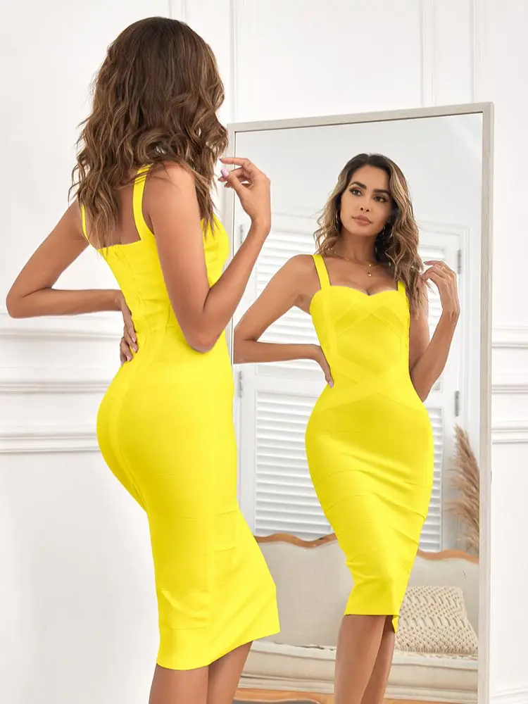 BEAUKEY Sexy Vintage Quality Evening Yellow Bandage Dress 2023 Women Summer Blue Midi Cross Dress Bodycon Party Ladies Vestidos