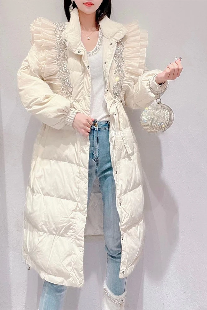 Mid-Length Jackets Female 2023 Winter New Korean Style Sweet Heavy Industry Luxury Rhinestone Thick Warm White Duck Down Coat