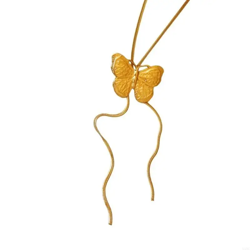 

L5YC Women Butterfly Pendant Sweater Necklace Adjustable Long Tassels Chain Jewelry