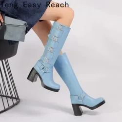 Spring Autumn 2025 Knee High Boots Women Fashion Square Heel Long Boots Woman Leather Shoes Winter Large Size 41