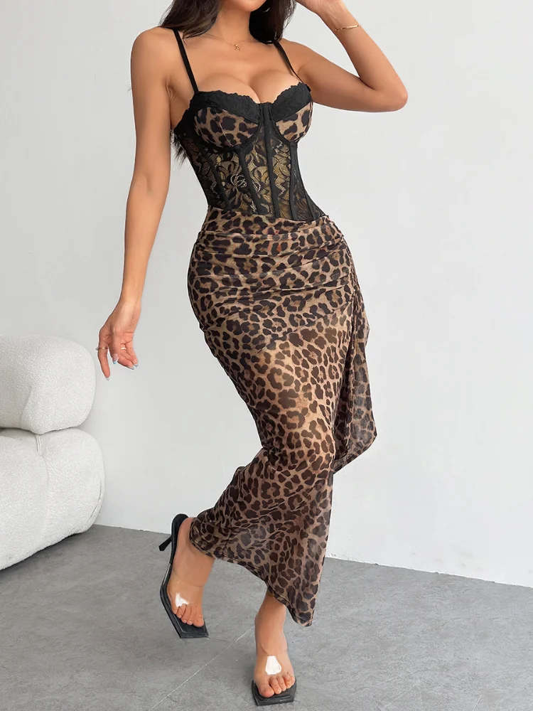 Sexy Leopard Print Mesh Strap Dress Women Chic Lace Patchwork Sleeveless Backless Slim Long Dresses Lady High Street Robe 2025