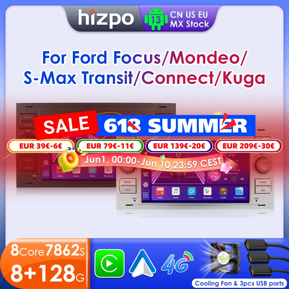Hizpo 7 Polegada android 13 rádio do carro para ford focus s-max mondeo galaxy c-max kuga navegação multimídia gps áudio 2din autoradio