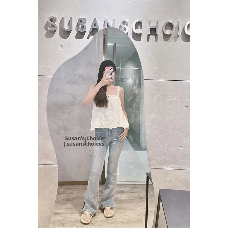 

Susan Faion, белый кружевной топ с вышивкой из чистого хлопка, женский универсальный топ на бретелях Csole, цельный топ, лето 2023, лето 2023