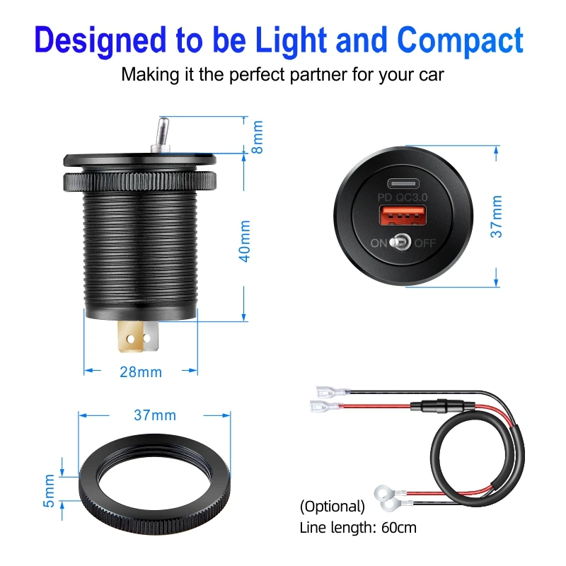 12V/24V USB Outlet SOCKET 36W 2Port Dual PD USB C Car Charger Socket and Quick Charge 3.0 USB Charger with Power Switch