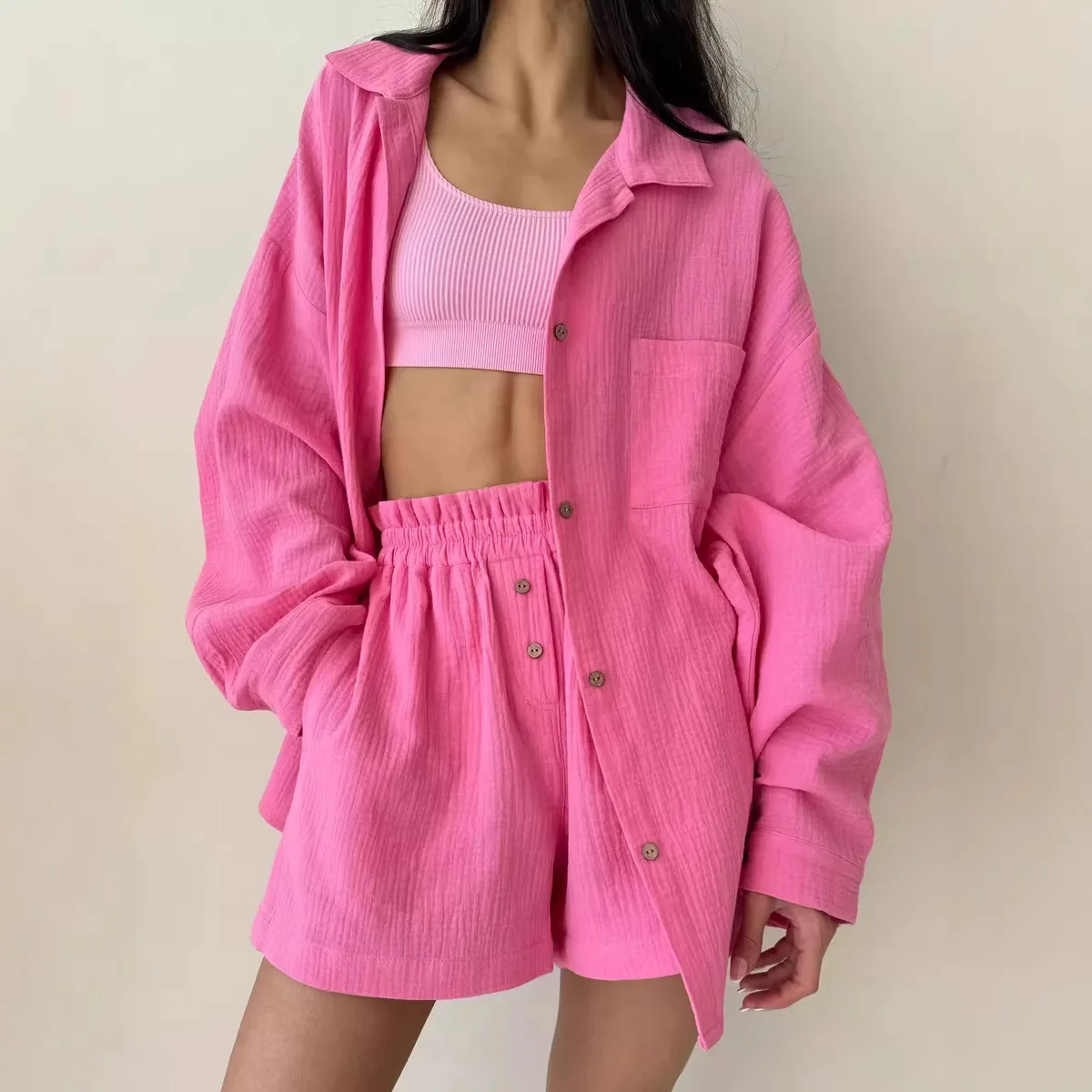 

Модная хлопковая рубашка, шорты, костюм на весну и лето, женские простые однотонные свободные мятые ткани, рубашка с длинными рукавами, повседневные шорты, 2 шт.