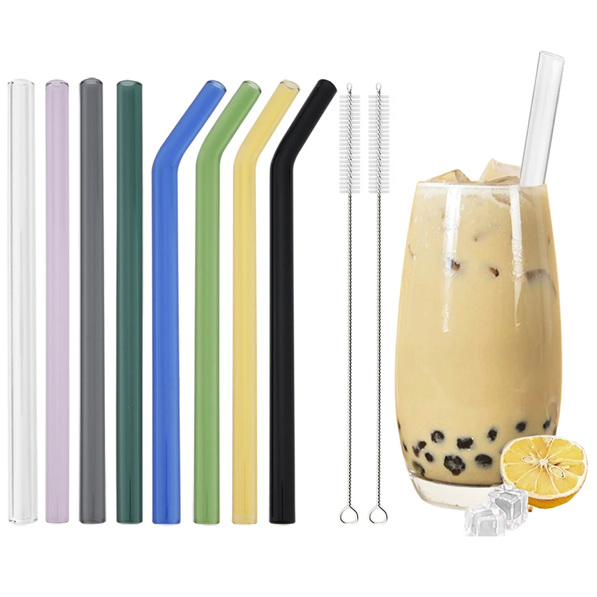 11pcs High Borosilicate Glass Straw Reusable Drinking Straw Wide 12mm Pearl Milkshake Bubble Tea Straw with Brush Storage Bag