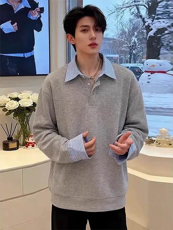

Gray College Style Long Sleeve T-Shirt Men's Spring Cleanfit Shirt Patchwork Hoodie Inner Wear Base Shirt Casual Loose Fit