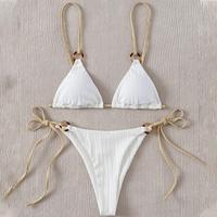 Padded Three-point Women Bikini Set Solid Color Spaghetti Strap Hoop Women Swimsuit Two-piece Swimwear Wireless Bathing Suit