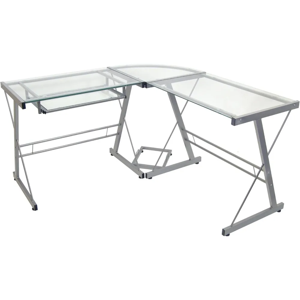 

51 Inch Office Table Modern Glass Top L Shaped Corner Gaming Desk With Computer Keyboard Tray Silver Laptop Table Bed Desks