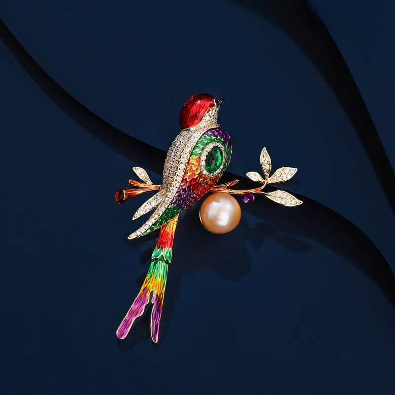 New Chinese Style Colorful Enamel Brooch for Cheongsam Dress Cardigan Pin Freshwater Pearl Bird Magpie Brooch