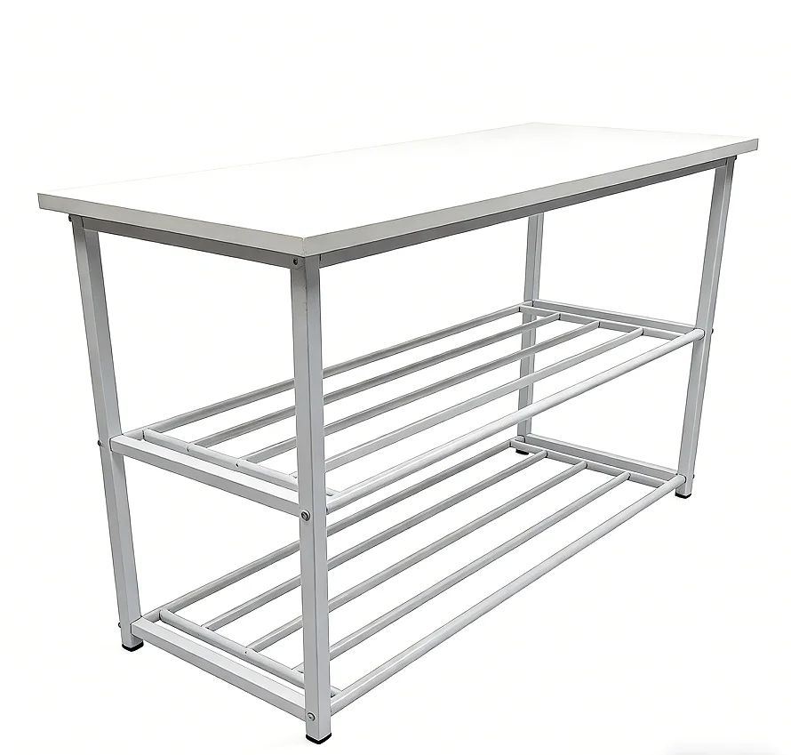 #￥Modern Style Two-Shelf Iron & Wooden Shoe Storage Stool for Home Furniture Living Room Shoe Rack Shoe Storage Organizer