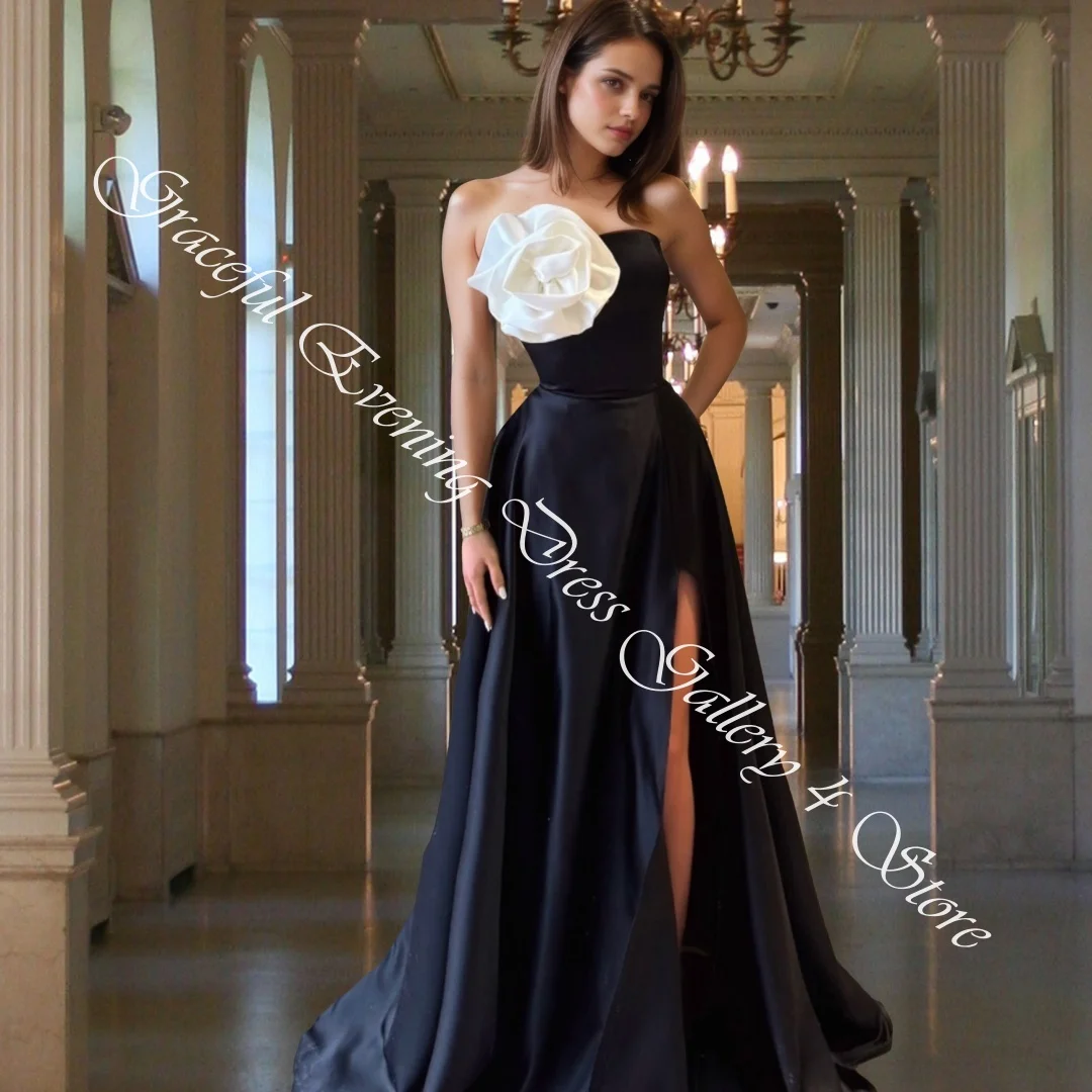 Customized  High Quality Satin A-Line Flowers Evening Dresses Strapless Sleeveless Panel Train Homecoming Dress Tempera