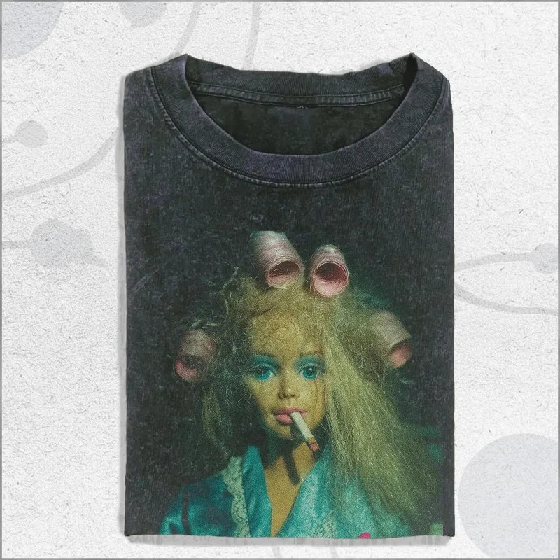 Vintage Washed Curlers Doll Shirt, Unsettling Doll Portrait Graphic Tee Summer Men's and Women's Washed T-shirt Top