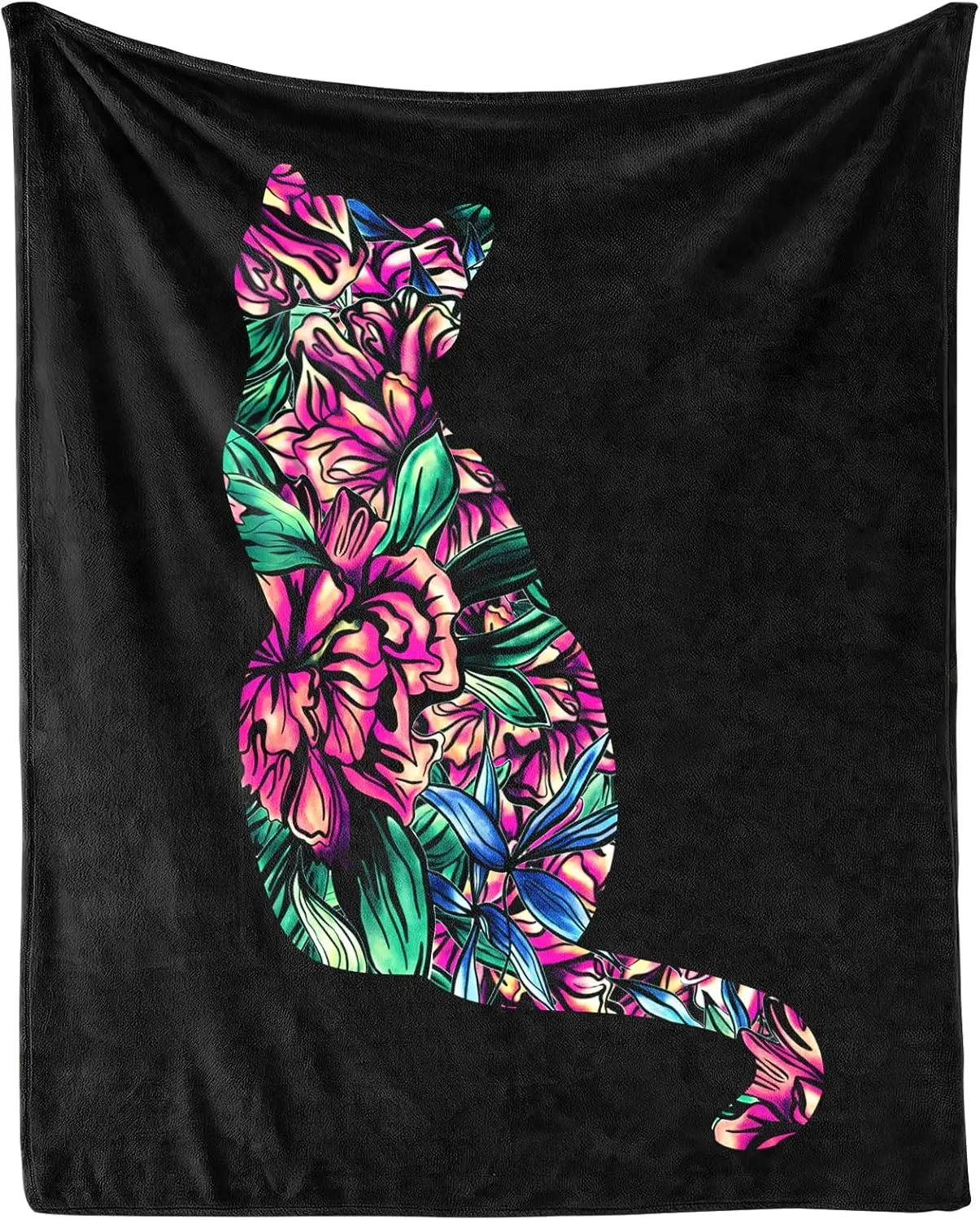 Boho Floral Cat Print Throw Fleece Blanket Vibrant Tropical Jungle Style Couch Decor Plush Decorative Throw for Home