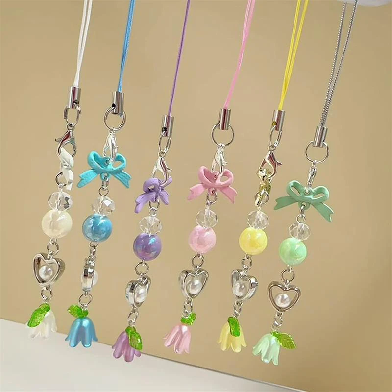 Cute Sweet Girly Bow Lily Of The Valley Beaded Mobile Phone Strap Chain Lanyard Keychain Pendant Charms Bag Ornament Accessories