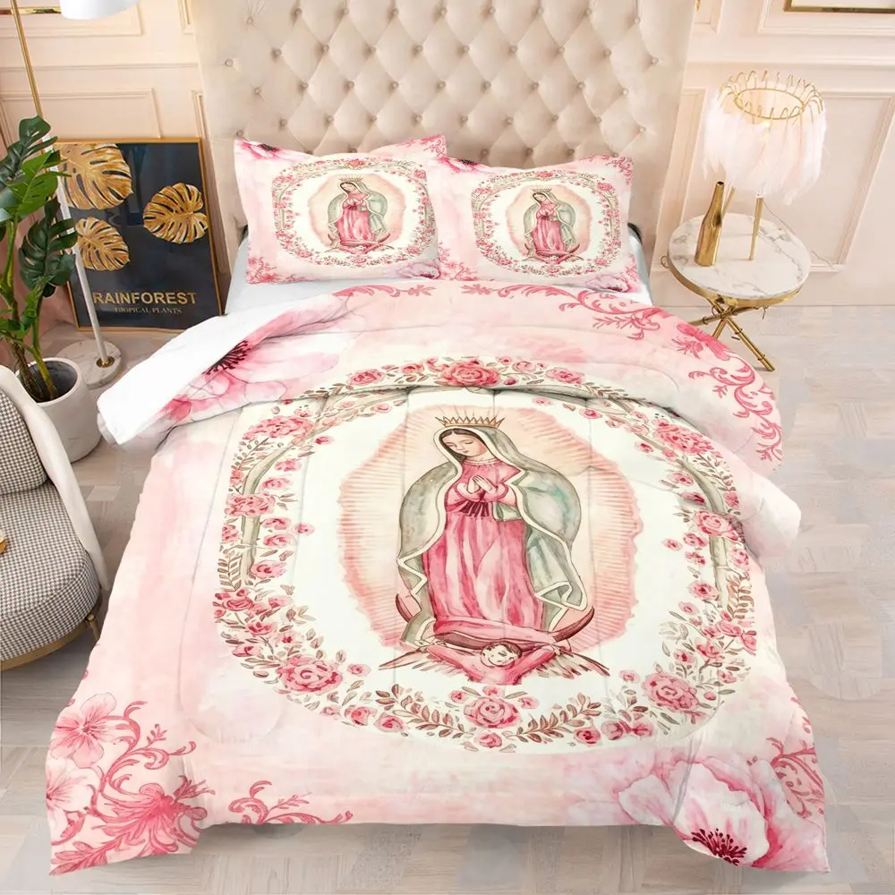 Pink Floral Virgin Mary Watercolor Duvet Cover Set Comforter Cover Bedding Set No Filler Religious Adult Soft Bedroom Bedding