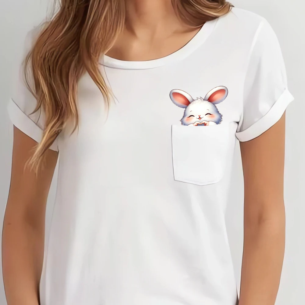 CLOOCL-T-shirt à manches courtes pour femme, vêtement en coton, joli lapin, main, cœur, geste imprimé, poche, hip hop
