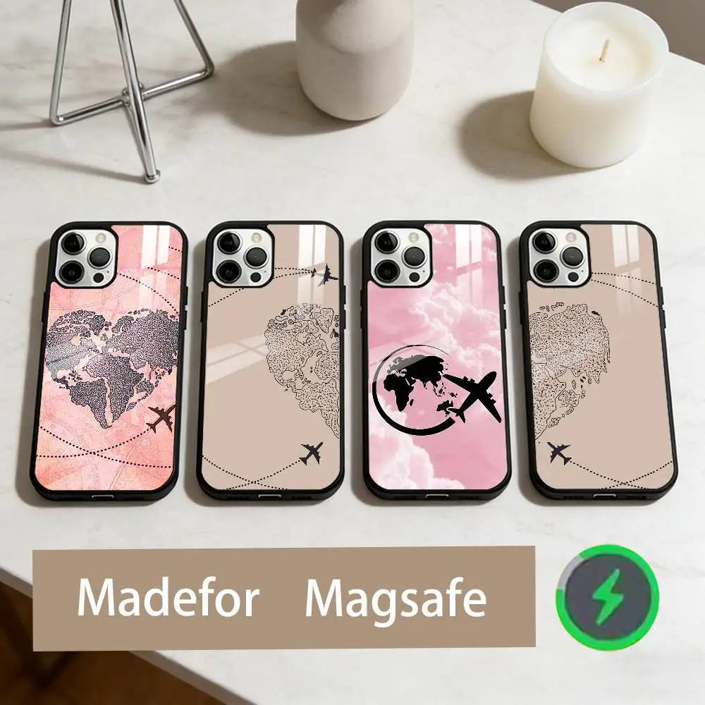 

1pc Planes World Map Travel Phone Case For iPhone17,16,15,14,13,12,11 Plus,Pro Max Magnetic For Magsafe Wireless Charging