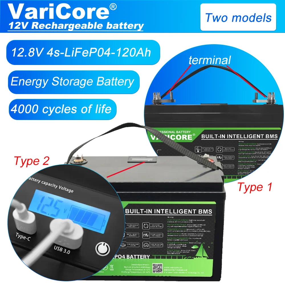 Varicore 12.8v 120ah usb 3.0 tipo-c 12v lifepo4 bateria de lítio 6000 ciclos para inversor carro mais leve 14.6v carrinho de golfe duty-free