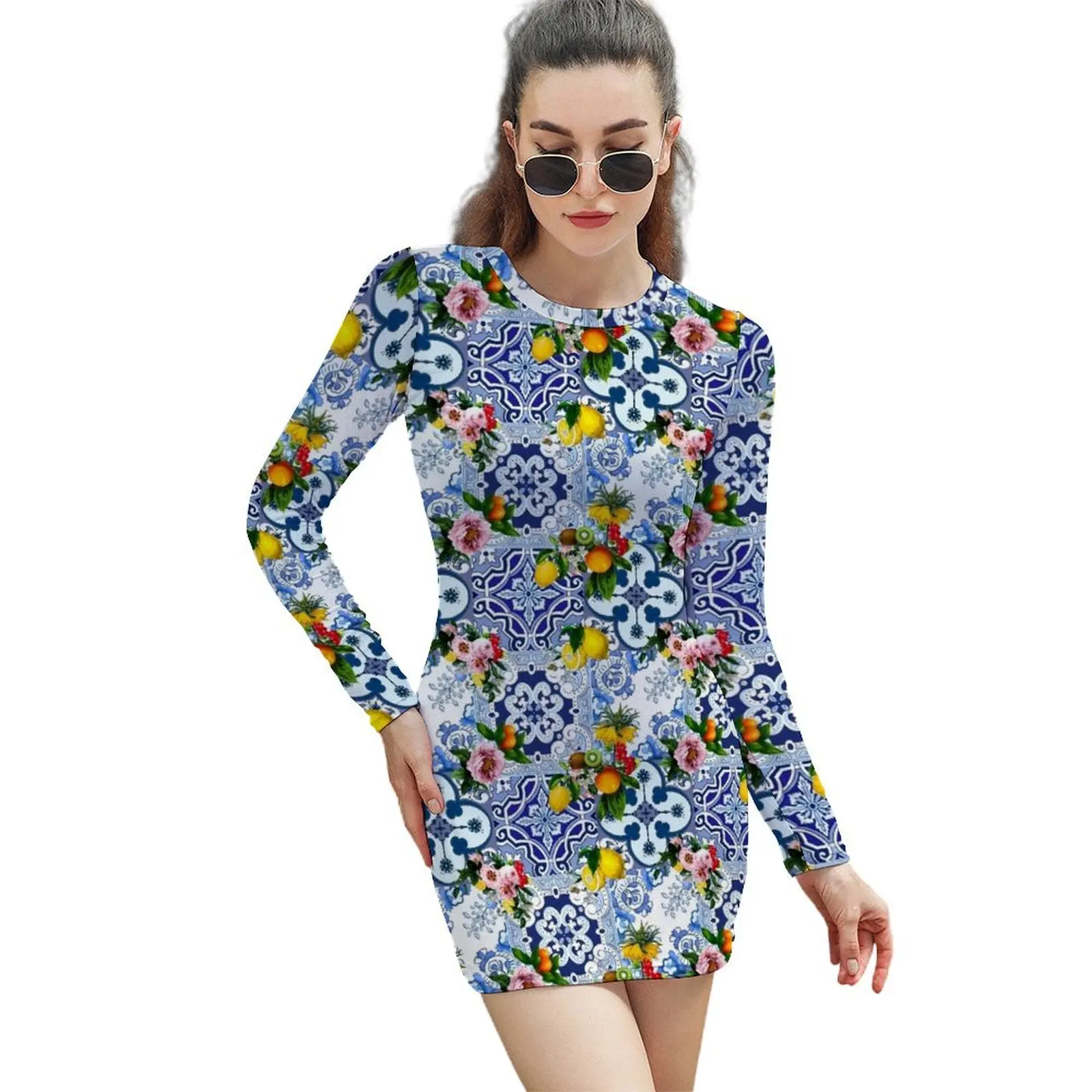 

Sicilian tiles,mediterranean,blue tiles ,lemons Long-Sleeved Sheath Dress women's elegant loose dresses evening dress