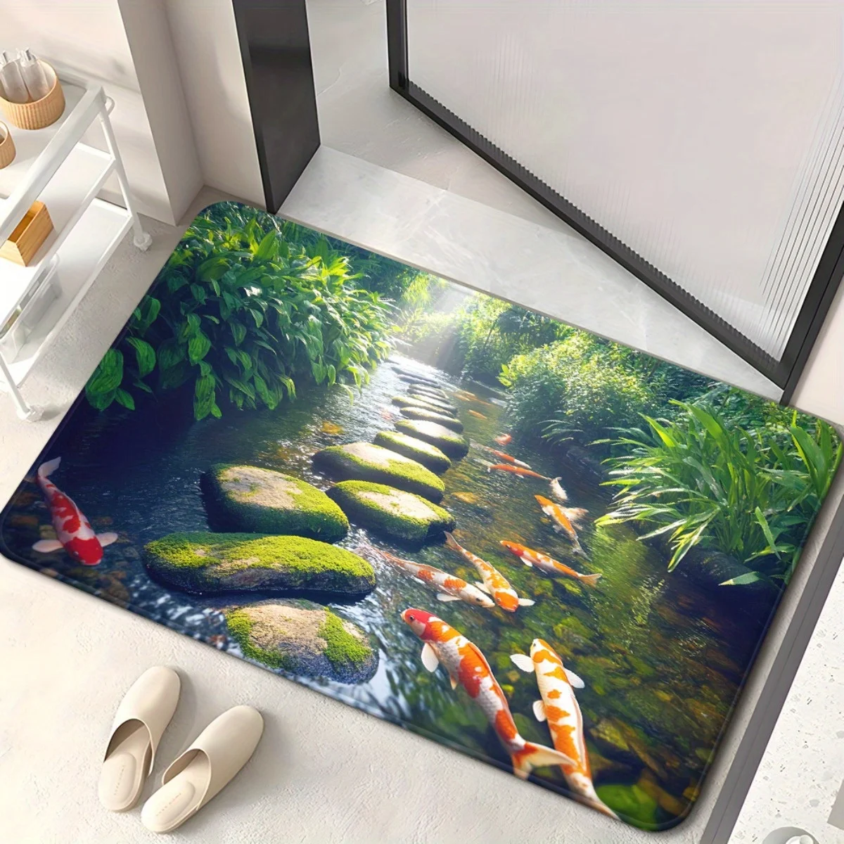 Aesthetic Koi Fish Pond River Scene Entrance Mat Durable Waterproof Welcome Floor Rug for Indoor Outdoor Home Decor