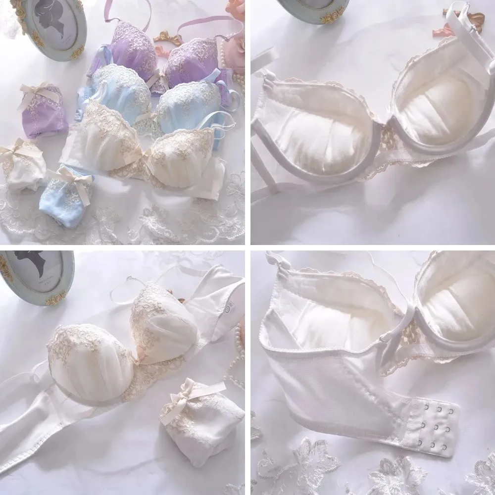 

Japanese Sweet Lace Embroidered Bra Set, Floral Lightly Padded Underwear for Girls, A-E Cup
