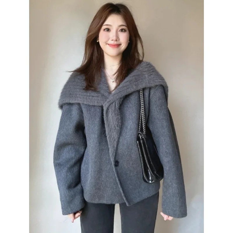 

Grey Loose Casual Coat Women's 2025 Winter New Knitted Collar Big Lapel Wool Double-sided Short Jacket Female Clothing