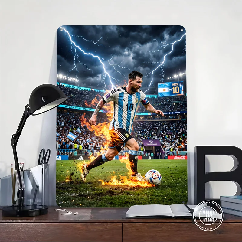 Messi on Fire in Stadium 3D Texture Metal Poster Customized Wall Art Tin Sign Gift for Mancave Gaming Room Decoration Man Decor
