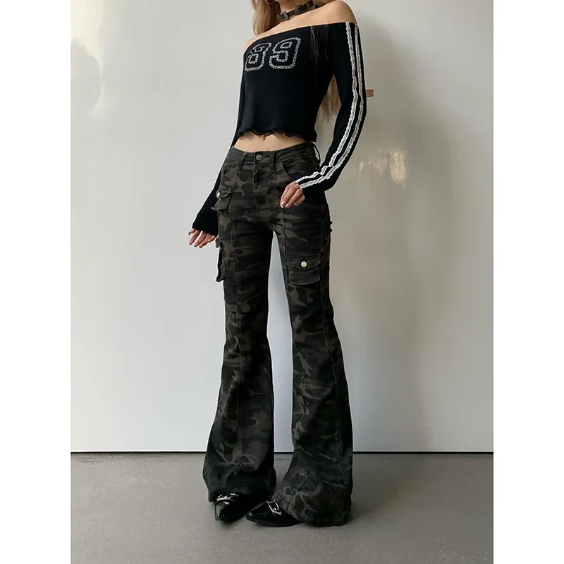 Camouflage Baggy Y2k Cargo Jeans Damen Hohe Taille Harajuku Ästhetische Denim Hose Vintage 2000er Jahre Trashy Hose Pantalones