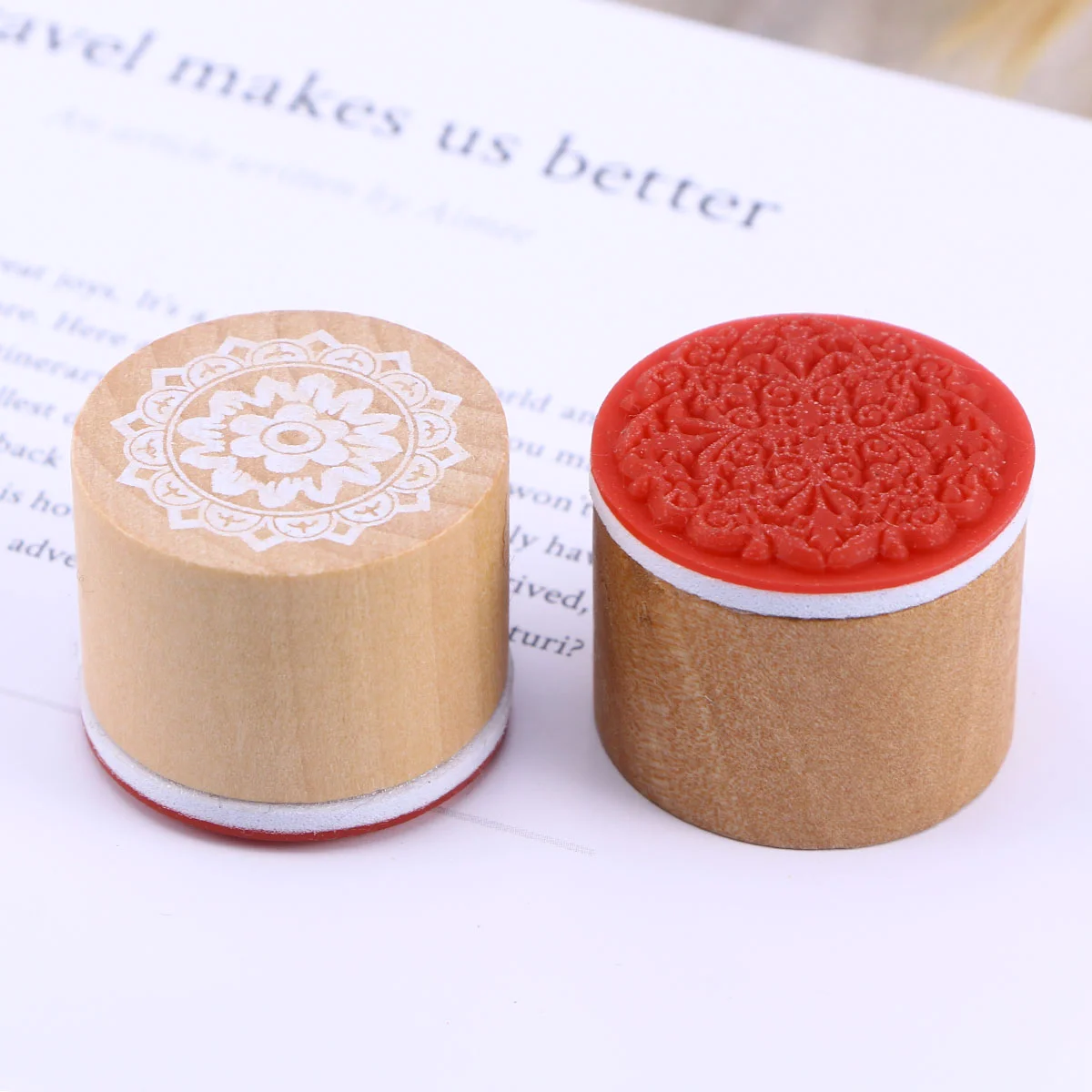 6pcs Vintage Style Round Shaped Wooden Rubber Stamps in Different Flower Floral Patterns Wood stamps flowers