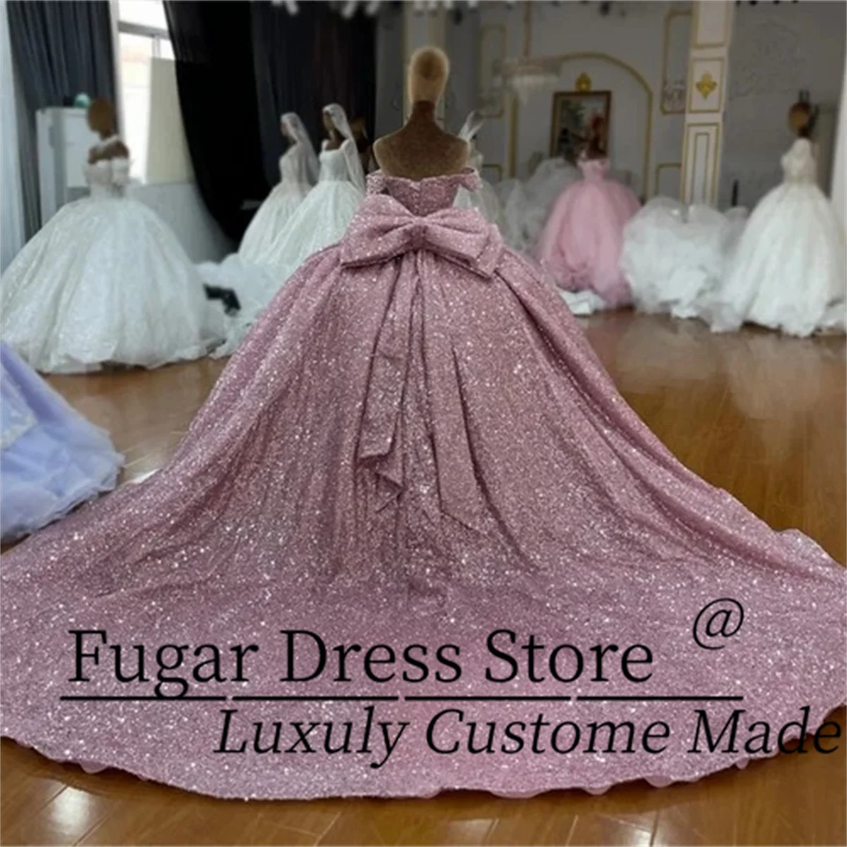 Customized Shiny Glitter Quinceanera Dress Fashion Lace Up Sweetheart Bow Off the Shoulder Sweep Train Vestidos de 15 quinceañe