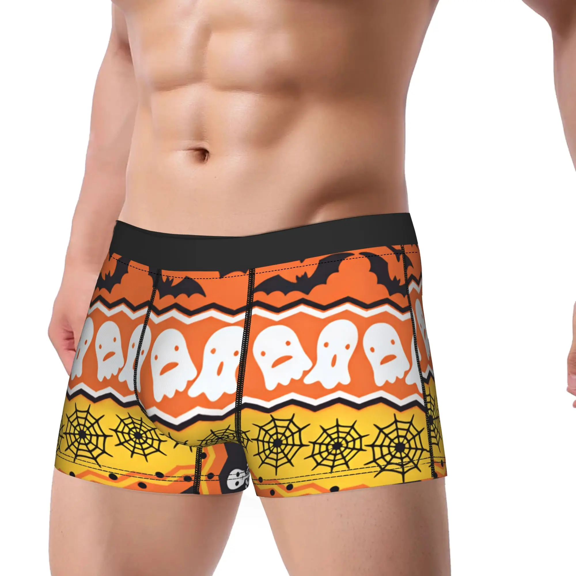 Halloween Skeleton Ghost Pumpkin Bat Spider Striped Border Seamless Pattern Boxer Brief Underwear Hot Sale Male Soft Trend Boxer