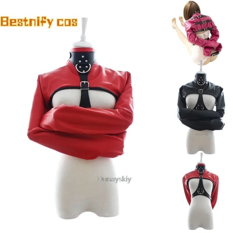 Women Black Red Sexy Open Breast Cupless Leather Bondage Strait Jacket Top Women\'s Restraint Straight Jacket Halloween Costume