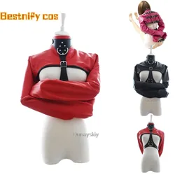 Women Black Red Sexy Open Breast Cupless Leather Bondage Strait Jacket Top Women's Restraint Straight Jacket Halloween Costume